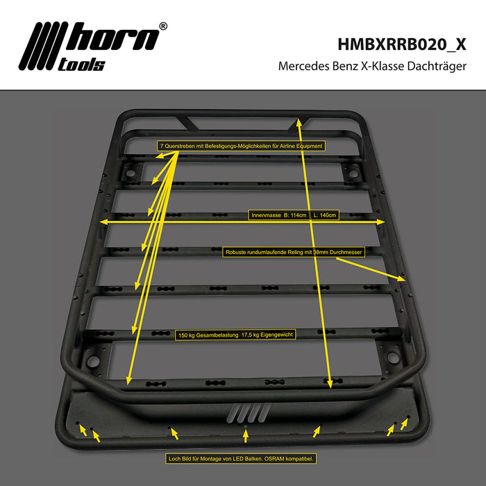 Mercedes X-Klasse Dachträger NAVIS RAIL mit fixer Rail Tube Alu schwarz für Dachzelt und LED Lightbar horntools Zubehör