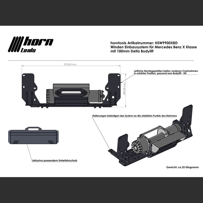 Seilwindensystem Alpha 9.9 für Mercedes X 250 Body Lift 10cm 4,3to Zugkraft Elektrowinde Seilwinde 12V horntools Zubehör