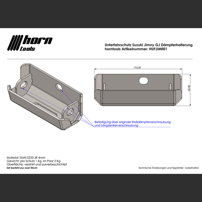 Unterfahrschutz Suzuki Jimny GJ Offroad Stoßdämpfer hi Stahl 4x4 Zubehör horntools