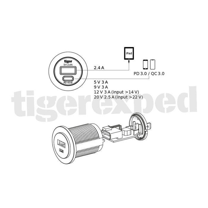 USB-C / USB-A Einbausteckdose 12V QC/PD3.0 45W